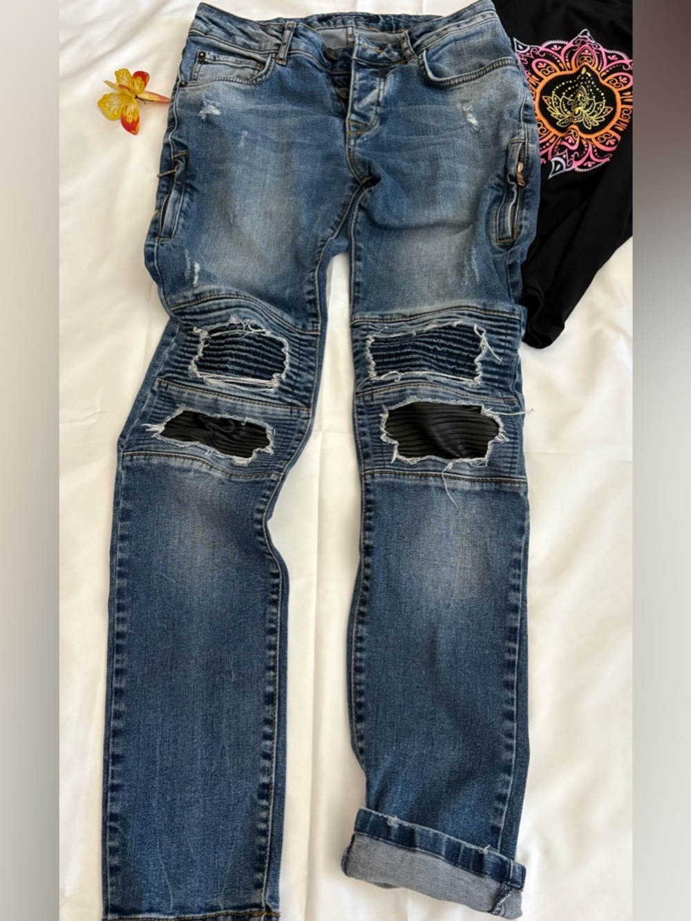 LCR Black Edition Unisex Button up Slim Moto Distressed knee Jean Biker 29x30